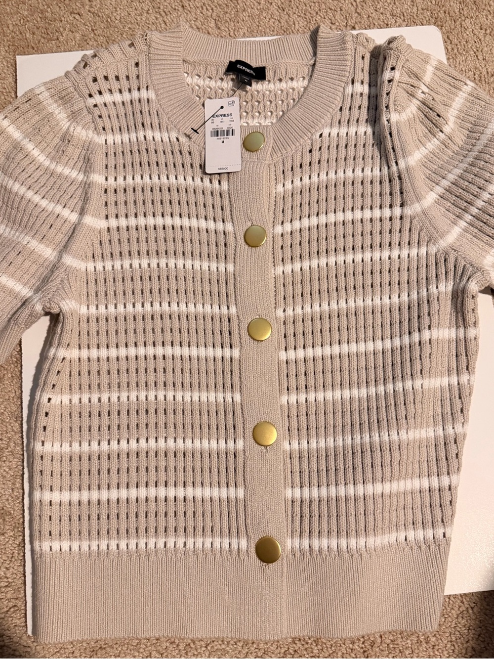 Express Beige and White Striped Short-Sleeve Cardigan with Gold Buttons